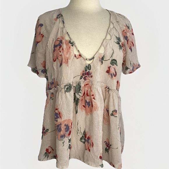 Lucky Brand Crinkly Pink Green Floral Print chiffon coquette Babydoll Blouse Med - Picture 2 of 9